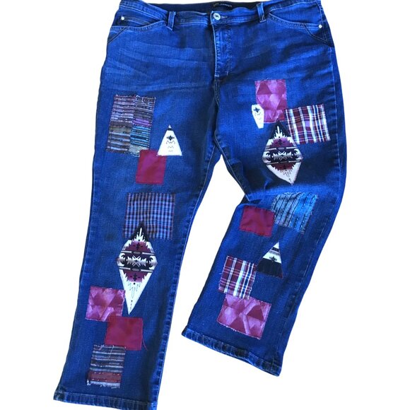 Upcycled Patchwork Jeans, Size 18: Aztec Tribal Cropped Pants, Southwest Native - Picture 2 of 10
